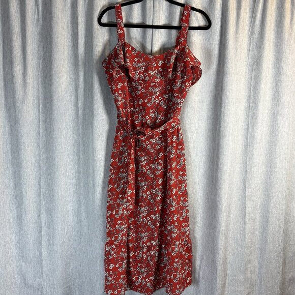 Banana Republic Red Floral Print Strappy Flounce Belted Midi Sundress SZ‎ 10-12 - Picture 1 of 14